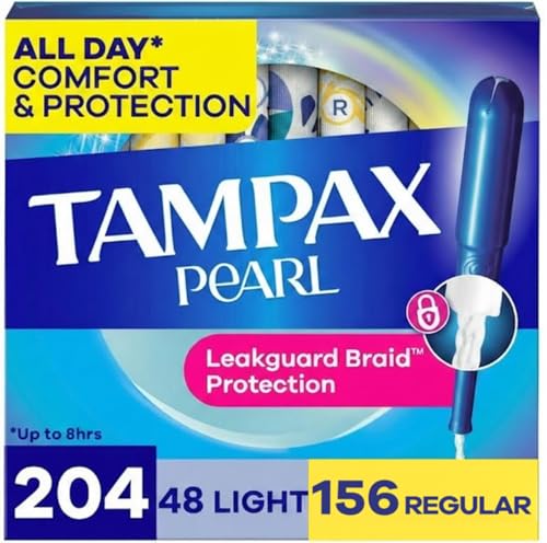 Tampax Pearl Tampons for Women Multipack, with LeakGuard Braid, Light/Regular Absorbency, Unscented, 204 Count (6 Packs of 34)