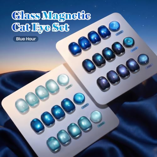 Image of Beetles Blue Cat Eye Gel Nail Polish Set - Blue Hour 6 Colors 15ML Full Size Glitter Gel Polish Kit Glass Cat Eye Magnetic Effect Soak Off UV Nail Art DIY Salon at Home Gift for Women