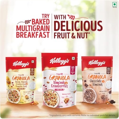 Image of Kellogg's Crunchy Granola Honey, Almonds, Strawberries & Pumpkin Seeds 450g | 24% Fruit, Nut & Seeds, Baked Multigrain | Source of Fibre | Breakfast Cereal (Pack of 2)
