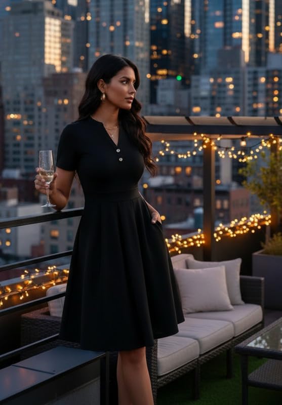 Womens Short Sleeve V Neck Casual Semi-Formal Dress Wedding Guest Cocktail Dresses with Pockets - Image 5