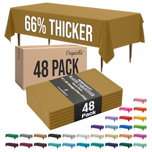 Image of Exquisite Gold Rectangle Tablecloth 54 inchx108 inch - 48 Pack | Plastic Tablecloth, Disposable Table Covers Rectangle for Parties, Weddings, Holidays & Party Supplies