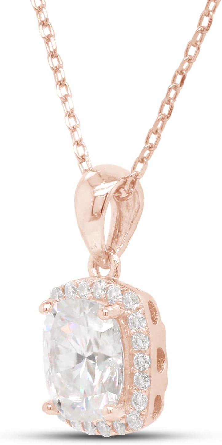 SAVEARTH DIAMONDS 1 1/2 ct. t.w Center 7X8MM Cushion Cut Lab Created Moissanite Diamond Halo Pendant Necklace In 14k Gold Over Sterling Silver, 18" Chain (VVS1 Clarity, 1.50 Cttw)