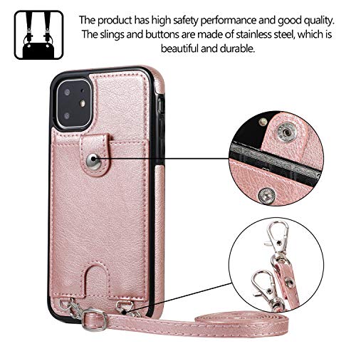Jaorty Pu Leather Wallet Case For Iphone 11 Necklace Lanyard Case Cover With Card Holder Adjustable Detachable Anti-Lost Neck Strap For Apple Iphone 11 6.1",Pink #TOP4