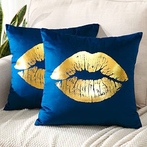 JOTOM Housse de Coussin 2 pièces Lèvres Motif 45 x 45 cm Taie d'oreiller Plaqué Or en Velours Maison Canapé Chambre Voiture Décoratif (Marin) Cover
