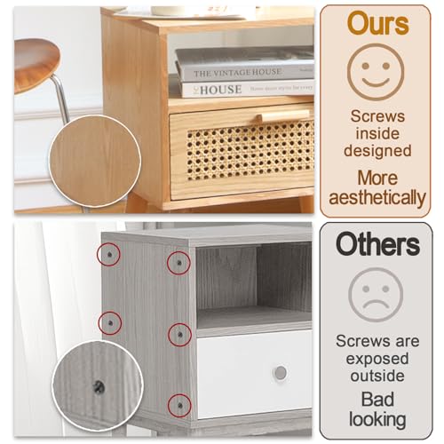 MaxSmeo Modern Nightstand Rattan Side End Table with Storage, for Living Room, Bedroom and Small Spaces, Accent Bedside Farmhouse Tables with Solid Wood Legs, Easy Assembly (Natural Walnut) - Image 5