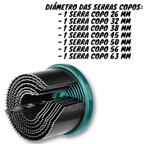 Jogo Kit Serra Copo 7 Pç Madeira MDF Drywall Gesso Compensado 50mm 2” de 26 – 63mm