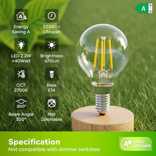 LVWIT E14 Bulb,Ultra-Efficient E14 Light Bulb,40W Small Screw Bulbs,2.2W Energy Saving Light Bulbs,A-Class Warm White Golfball Light Bulbs,470LM,2700K,Non Dimmable (6 PCS,Clear)