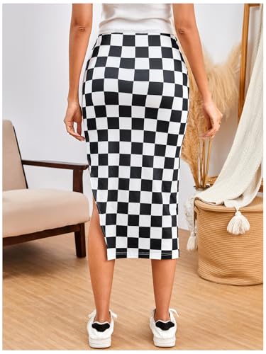 SOLY HUX Women's Plaid Checkered Skirts High Waisted Split Bodycon Casual Going Out Midi Skirt2