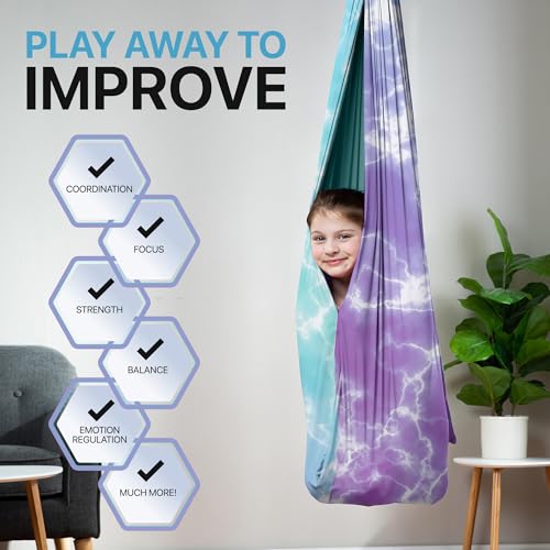 Image of Indoor Sensory Swing for Kids or Outdoor - Holds 300lbs, Double-Layer, & 360 Swivel, Calming Compression Therapy Swing Hammock for Kids & Adults with All Hardware - Sensory-Motor Toys & Gifts