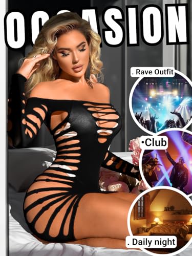 Image of Kaei&Shi Sexy Club Outfits for Women,Mesh Cutout Mini Dress,Off Shoulder Birthday Bodycon Dresses