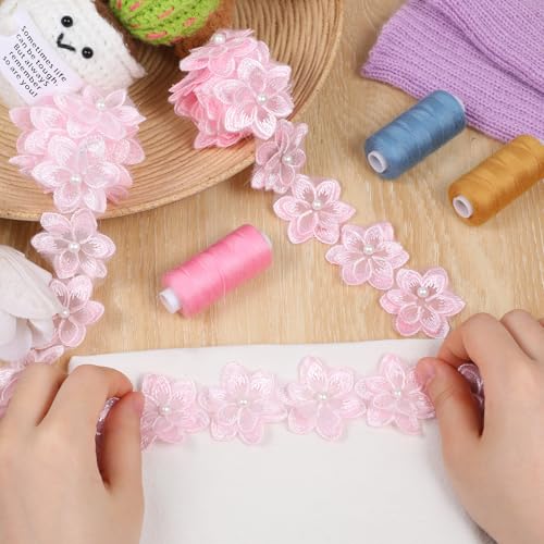 2 Yards 3D Flower Pink Lace Ribbon, Pink Flower Trim Polyester Floral Applique Embroidered Sewing Craft for Wedding Dress Embellishment DIY Dress Decor (Pink)