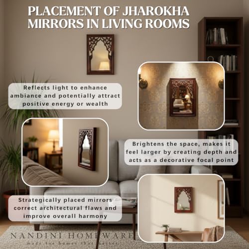 Image of Handcrafted Traditional Brown Rajasthani MDF Wooden Mirror Jharokha Wall Art | Heritage Boho Vintage Style Decorative Wall Hanging for Living Room & Home Interiors (Brown Rajasthani)