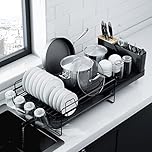 Kitsure Large Dish Drying Rack - Extendable Stainless Steel, Anti-Rust Kitchen Counter Rack with Cutlery & Cup Holders, 67.8 x 32.8 x 15.0cm, Black