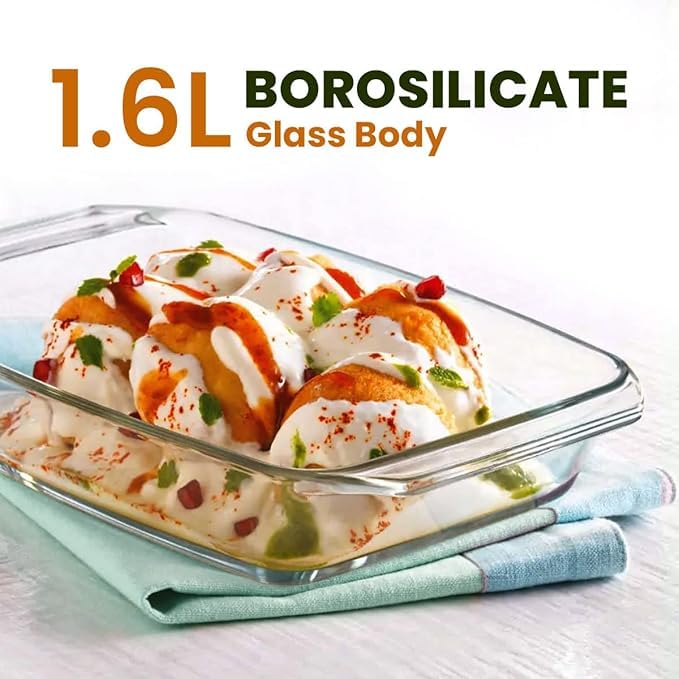 LEOMORD Borosilicate Glass Baking Tray for Kitchen, 1600 ml, Baking Dish, Serving Bowl, Oven & Microwave, Dishwasher and Freezer safe, Rectangle, Transparent, Glass Bowl Container 2