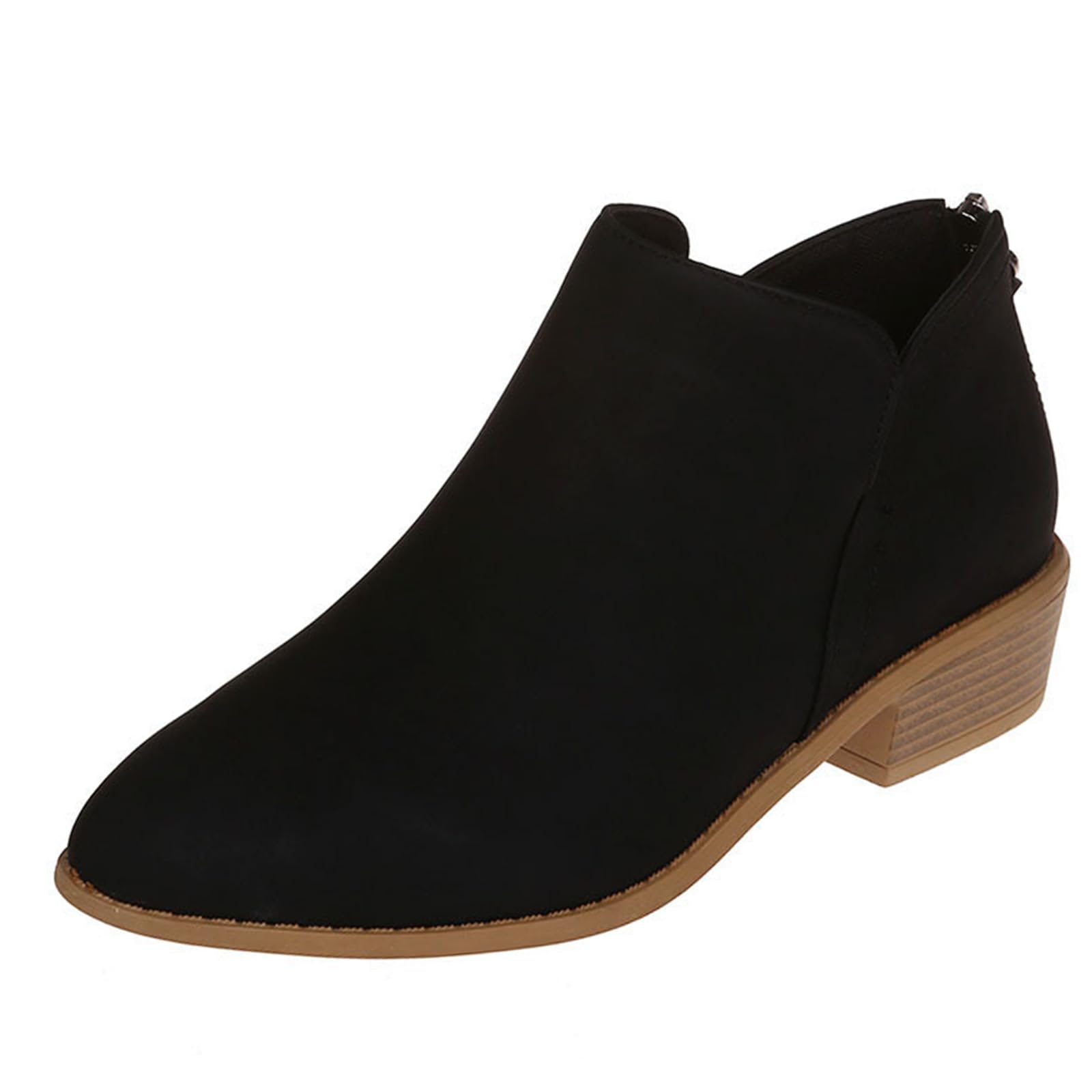 Womens V Cutout Stacked Heel Ankle Boots Faux Suede Comfortable Back Zipper Pointed Toe Low Heeled Pull On