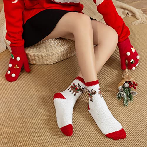 Image of Women Christmas Holiday Socks Warm Winter Cozy Fuzzy Socks Family Elk Snowflake Santa Patterns Crew Socks Gift