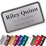 ExcelMark Custom Name Tag - Engraved Name Badge with Pin or Magnetic Backing, 16 Colors, 6 Fonts, and 2 Sizes to Choose from (Silver w/Black Letters, 1.5'x 3')