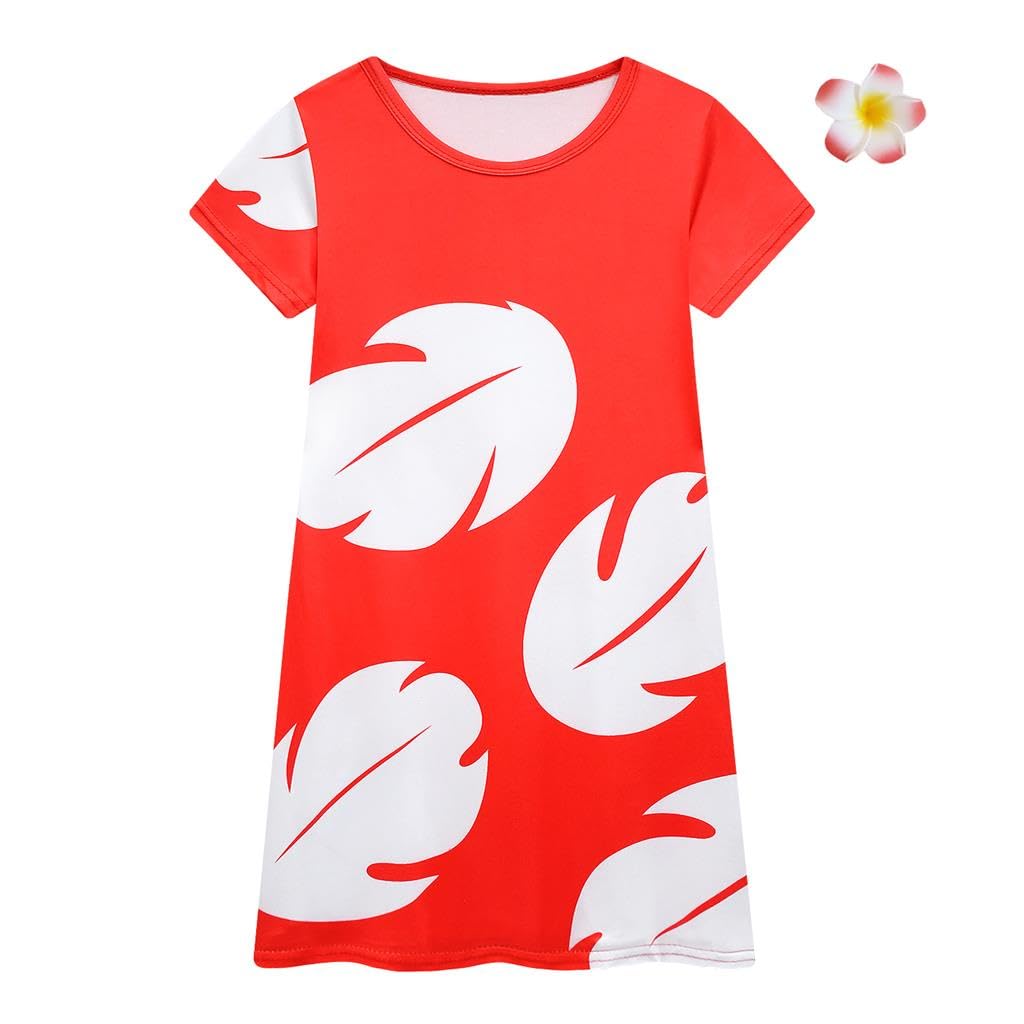 Lito Angels Disfraz Vestido de Hawaiana con Pinza para el Cabello de Flores para Niñas, Rojo