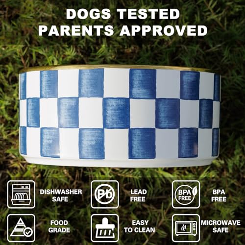 Ceramic Dog Bowls for Medium Dogs, 3.5 Cup Checkered Dog Food and Water Bowl with Acacia Wood Stand, Non-Slip Anti-Tip Elevated Feeding Station, Blue and White - Image 3