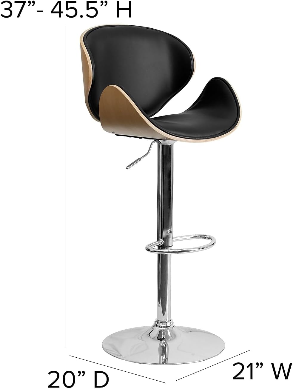 Flash Furniture Farley Beech Bentwood Adjustable Height Barstool with Curved Back and Black Vinyl Seat