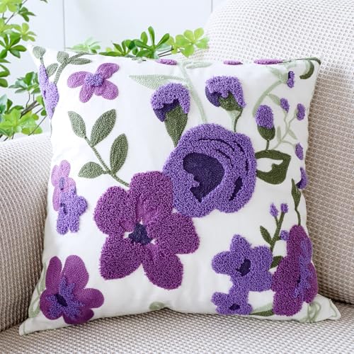 vctops Fall Purple Floral Pillow Covers 18x18 Inch Cotton Embroidery Farmhouse Throw Pillow Cover Outdoor Garden Cushion Case Spring Decorations for Home (Flower K,18"x18")