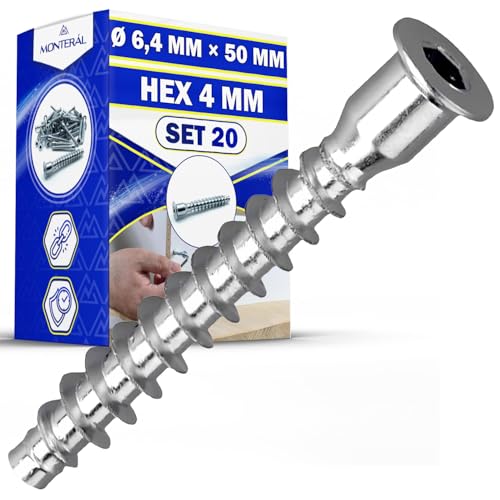 20 Pezzi Confirmat Viti per Legno Ø 6,4 mm x 50 mm HEX di 4 mm per Collegamento di Mobili per Unione Pannelli Truciolari MDF - MONTERAL