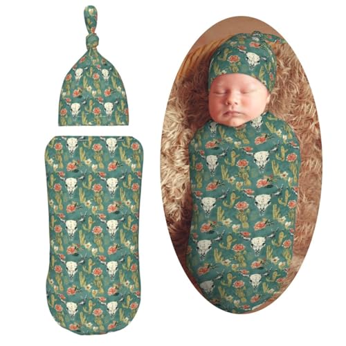 Image of Western Bull Skulls and Cactus Newborn Swaddle Blankets Hat Sets Soft Baby Receiving Blanket Swaddle Sack for Baby Shower Infant Boy Girl Gift
