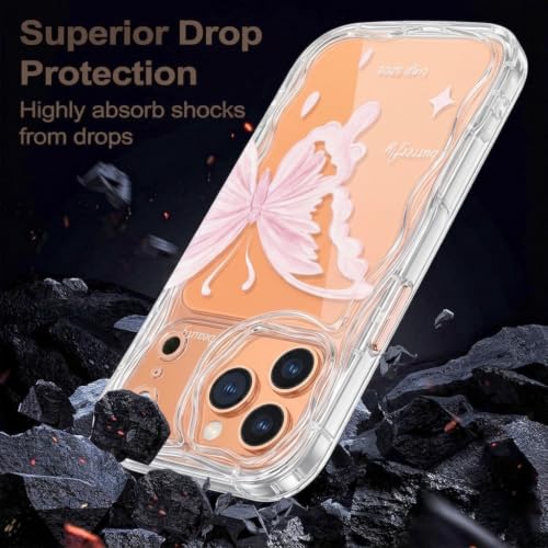Image of VONZEE Cute Pink Butterfly Transparent Back Cover for iPhone 17 Pro Max | Clear Shockproof TPU Protective Case | Slim Anti-Yellowing Crystal Clear Phone Cover for Girls and Women