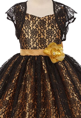 Big Girls' Floral Lace Hi Low Bolero Party Birthday Holiday Flower Girl Dress Black Gold 8 (C3B36) #TOP1