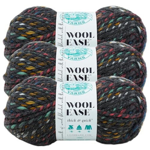 Image of Lion Brand Yarn Wool-Ease Thick and Quick Yarn, Soft and Bulky Yarn for Knitting, Crocheting, and Crafting, 3 Pack, Bedrock | Super Bulky Wool Acrylic Blend Fiber for Soft Hats, Sweaters, Chunky Blankets, Yarn for Crochet, Knitting, Crafts, Weaving