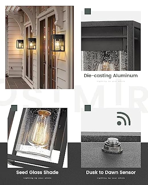 Porch Lights Outdoor, Dusk to Dawn Outdoor Lighting with Seed Glass in Black Finish, Aluminum Exterior Lights for House, OS-3006