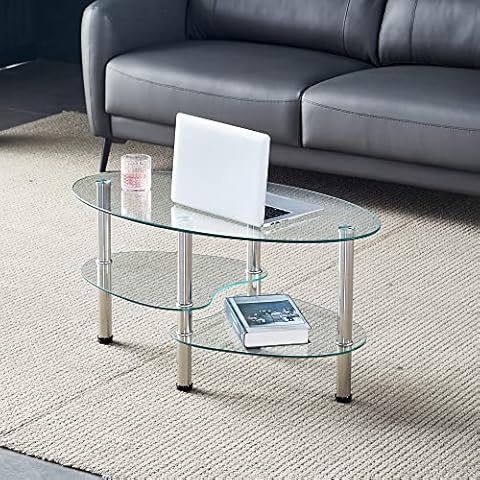Oval-Shaped Glass Tea Table for Office, 3-Tier Modern Coffee Table, End Table for Living Room (Clear) Cover