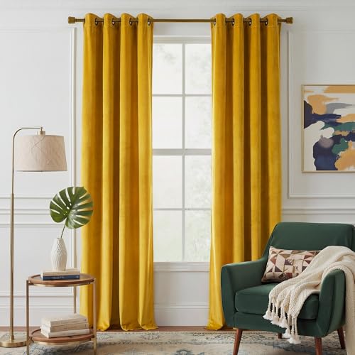 NICETOWN Yellowish Gold Velvet Curtains 84 inch Long - Blackout Thermal Insulating Soft Window Curtains for Bedroom Living Room Dining Sliding Glass Door W52 x L84 2 Panels