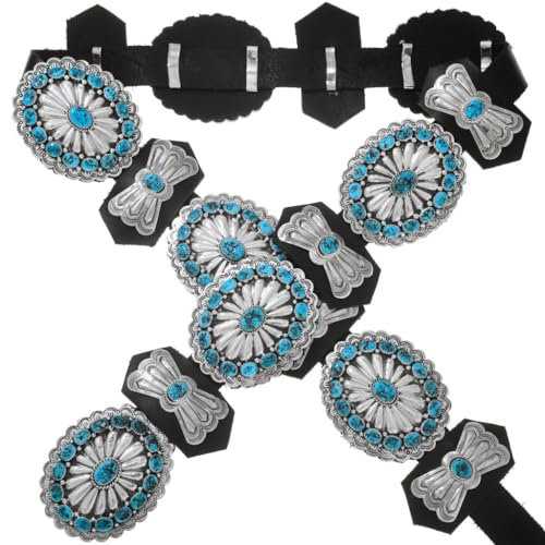 Native American Kingman Turquoise Nugget Concho Belt Full Size Hammered and Antiqued Silver Design on Genuine Leather 0520