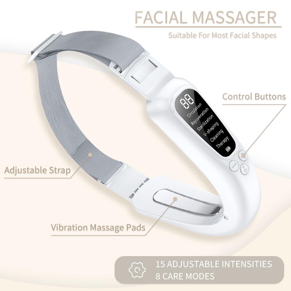 Pinkiou Doppelkinn Entferner, EMS V-Gesichtsmassagegerät mit EMS Mikrostrom & 42°C Wärmetherapie, 6 Modi & 15 Intensitätsstufen für Kinn & Kieferpartie, LED-Display, Typ-C Tragbares Lademodell