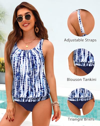 Image of Yonique Women Vintage Chevron 2 Piece Ruched Padded Tankini Set Flyaway Top With Triangle Brief Bottom Bathing Suit