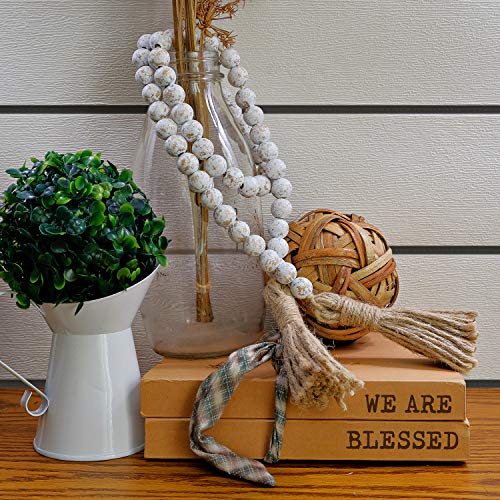 Farmhouse Wood Bead Garland Home Decor, Natural Wooden Garland For Tiered Tray, Decorative Tassel Garland For Tier Tray, Rustic Beads Centerpiece Boho Table Decor, Garland Beaded Accent White Washed #TOP6