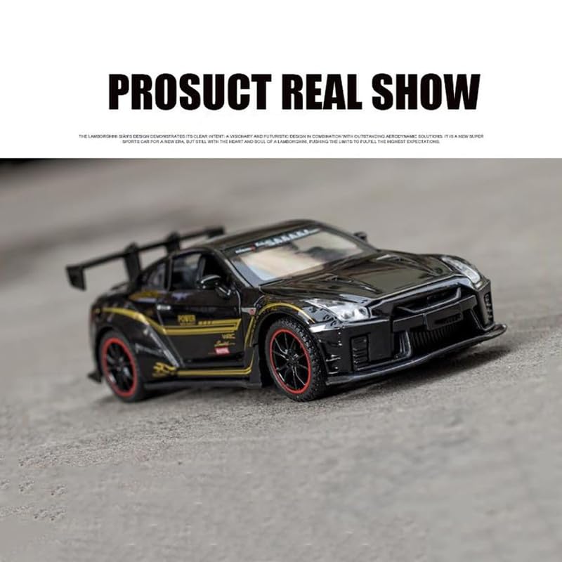 Image of Kids Model 1:32 Nessan R35 Die Cast Metal Car Pull Back Action Opening Doors with Realistic Engine Sound Lights Toy Car Gift for Boys - Black
