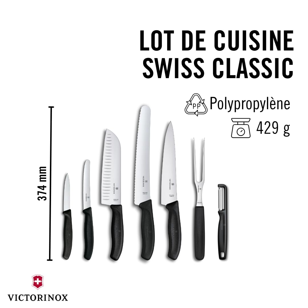 Victorinox Swiss Classic Set de 7 Couteaux de Cuisine, Santoku, Noir | Idéal pour viande, pain, légumes et fruits, lames en acier inoxydable avec manches ergonomiques, Swiss Made