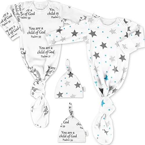 Ocean Drop Designs Knotted Gown Baby Newborn - 100% Cotton Baby Gowns Newborn - 4pcs Newborn Knotted Gown & Hat - Baptism Gifts for Boys & Girls - Gender Reveal Gifts for Boys & Girls (Blue Stars)