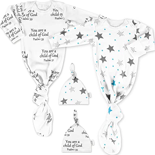 Ocean Drop Designs Baby Gowns 2 Packs (0-6 M) - 100% Cotton Newborn Coming Home from Hospital Outfit, Knotted Gown Baby Newborn, Baby Nightgown, Baby Hospital Outfit, Newborn Outfit for Boys &amp; Girls