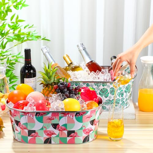 Ninehaoou 4 Pcs Ice Buckets for Parties 4 Gallon Metal Galvanized Beverage Tub Insulated Drink Tub Beer Bucket Tiki Drink Bins with Handle for Wine Champagne Cocktail Beverage Bottle Cooler(Tropical)