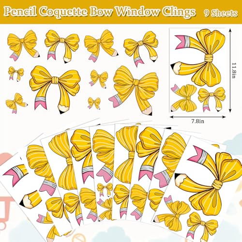 Image of Whaline 9 Sheets Pencil Coquette Bow Window Clings Back to School Pencil Bowknot Reusable Window Decals for First Day of School Home Nursery Classroom Decor