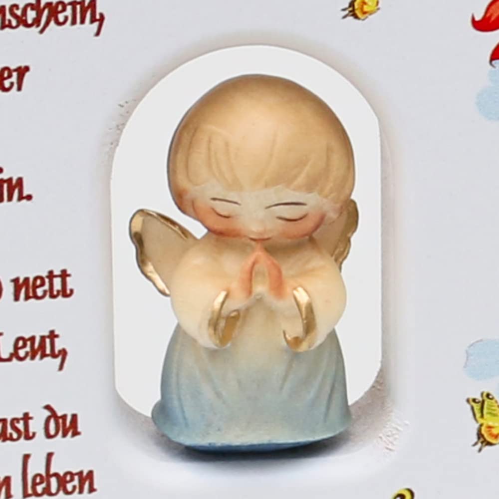 Dekohelden24 Drewniane serce w kolorze białym z modlitwą dziecięcą, ręcznie rzeźbiony modlący się anioł z niebieską sukienką, do zawieszenia jako tabliczka ścienna, rozmiar: wys./szer. ok. 11 x 11 cm, światło słoneczne