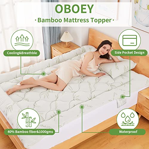 Bamboo Mattress Topper With 1 Pillow Protector, Side Pocket, Waterproof Mattress Protector, Cooling Extra Thick Breathable Mattress Pad Cover,8-21” Deep Pocket- Queen #TOP1