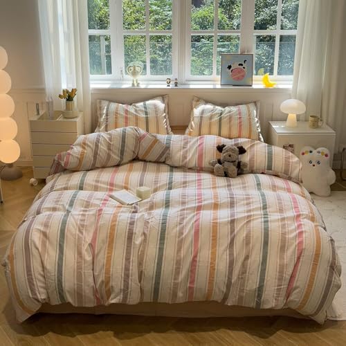 Image of MKXI Washed Cotton Duvet Cover Set Retro Stripes in Autumn Palette 3-Piece Vintage-Style Bedding with Secure Zipper & Ties, for Nostalgic Bedrooms, Dorms & Cozy Spaces (Full Size)
