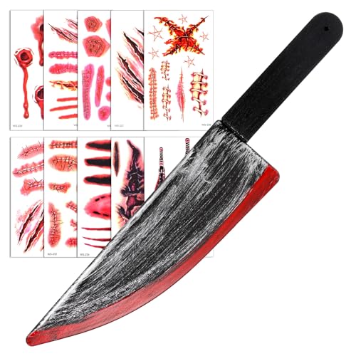 Gjinxi Cuchillo falso con accesorios de sangre artificial, 10 pegatinas de tatuaje temporales, accesorios de Halloween Bloody Ghostface, juego de cuchillos de juguete, accesorios para gritos de