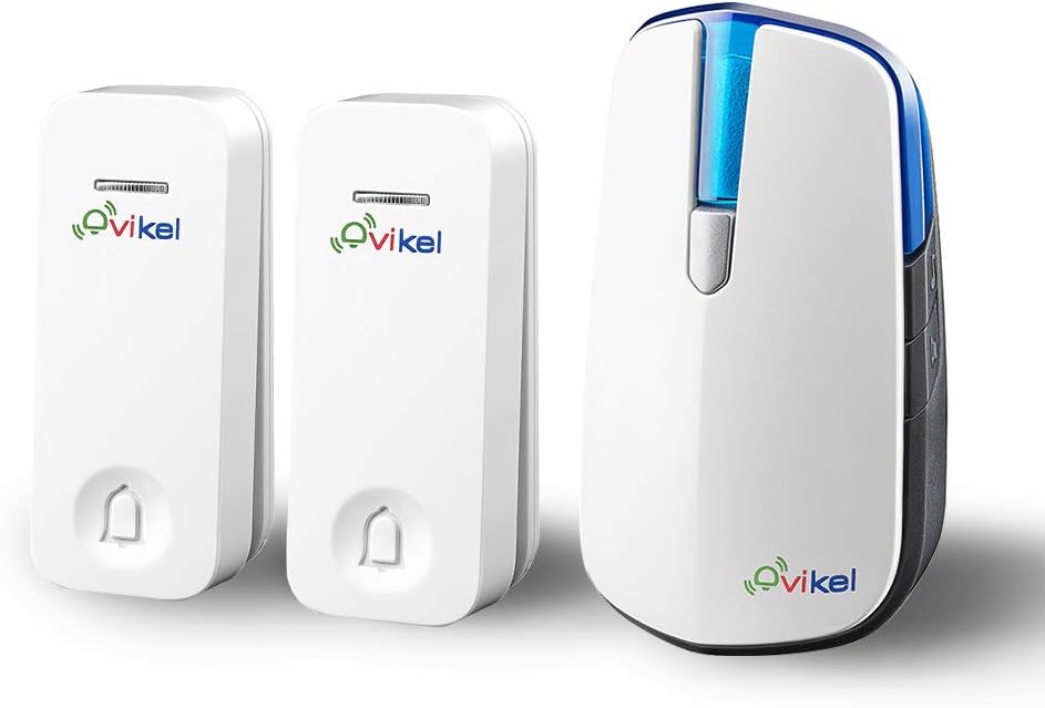Vikel Wireless DoorBell IP44 Waterpoof Doorbell Chime Operating at 500 Feet with 32 Melodies, 4 Volume Levels & LED Flash 2 push buttons ๏ผ 1 receiver