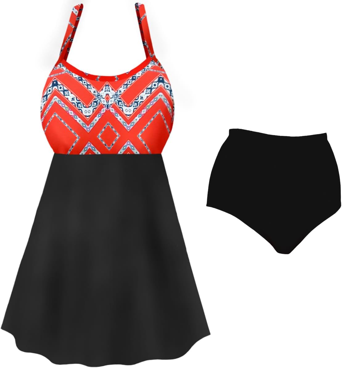 Plus Size Womens Swimsuit Orange Print Two-Piece Babydoll Swimdress