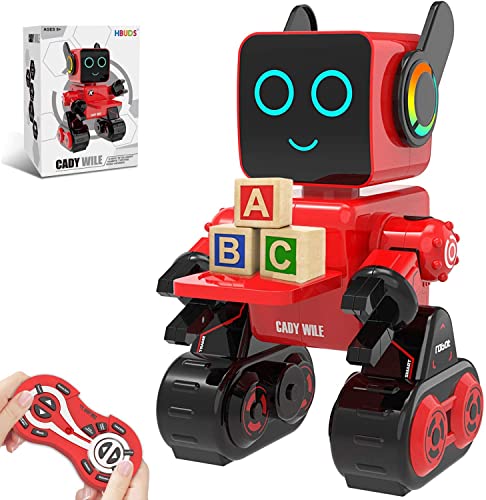HBUDS Robots for Kids, Remote Control Robot Toy Intelligent Interactive LED Light Speaks Dance Moves Built-in Coin Bank Programmable Rechargeable RC Robotic Kit (Red)